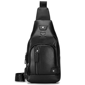 NEW Bullcaptain Black Leather Men's Sling Messenger Crossbody Chest Bag USB Port